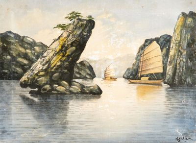 a painting of a boat in a body of water