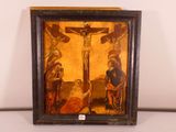 painting of a crucifix with jesus on the cross and other figures