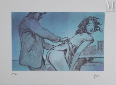 dessin représentant un homme aidant une femme à enfiler ses sous-vêtements