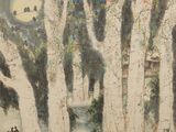 un tableau représentant un groupe d'arbres dans la neige