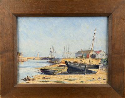 a picture of a painting of boats on the water