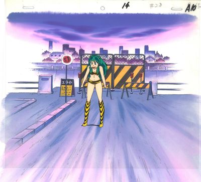 dessin de bande dessinée représentant une femme aux cheveux verts debout devant une ville