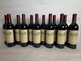 six bottles of wine are lined up on a table