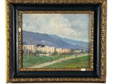 une peinture à l'huile représentant une vue d'une ville avec des montagnes en arrière-plan
