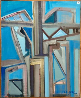 an oil painting of a building with a blue sky in the background