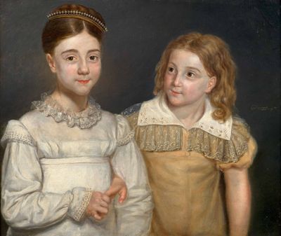 portrait de deux jeunes filles, l'une en robe jaune et l'autre en robe blanche
