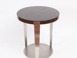a close up of a table with a wooden top and metal legs