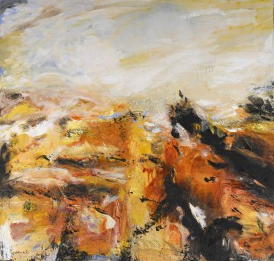 une peinture représentant deux chevaux galopant dans un champ, avec le ciel en arrière-plan