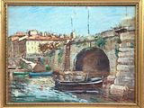 a painting of a boat on the water near a bridge
