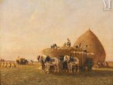 a painting of a group of people on a hay stack