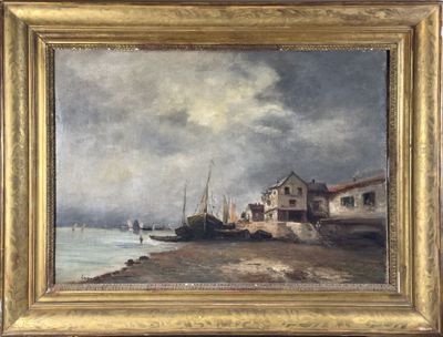 LUSSAC (XIXe-XXe siècle) "Marine avec bateaux au déchargemen…