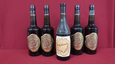 six bottles of beer are lined up on a red surface