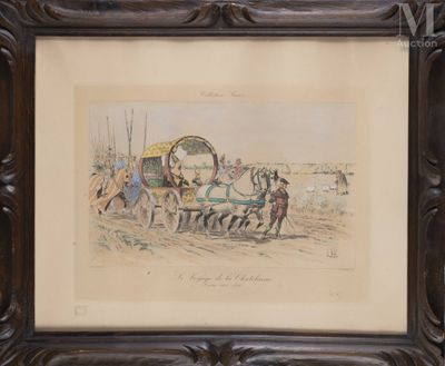 tableau représentant une calèche tirée par deux hommes
