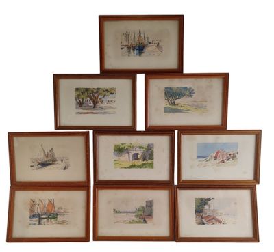 six framed watercolor paintings of boats on a white background