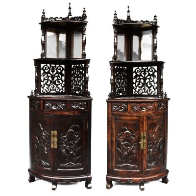 pair of antique carved wood corner cupboards with glass doors