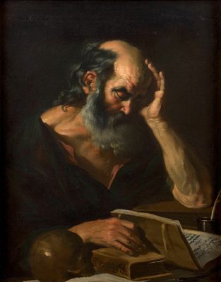 un tableau représentant un vieil homme assis à une table, en train de lire un livre