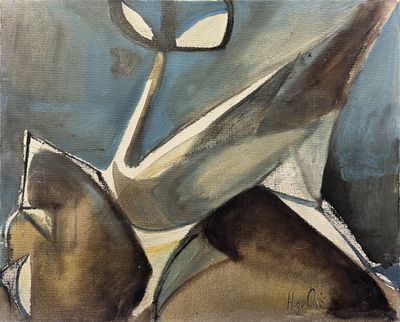 un tableau représentant un homme allongé par terre, tenant une batte de baseball