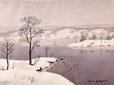 tableau représentant un paysage enneigé avec une rivière et des arbres au premier plan