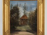an oil painting of a cabin in a wooded area with trees