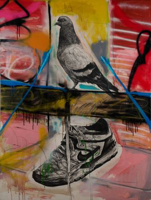 Ecole contemporaine (XX-XXIe) Pigeon et sneakers Huile sur t…