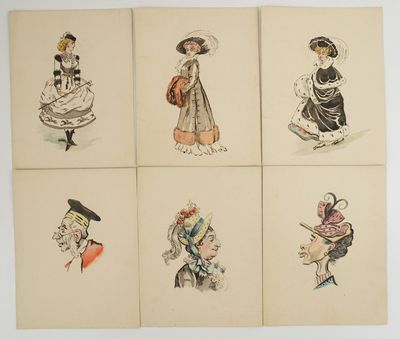 four drawings of women in dresses and hats on a white surface