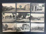 several old black and white photographs of a town with horses and carriages