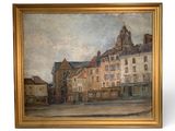 an image of a painting of a street scene with a building in the background