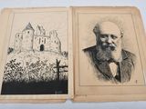 an old book with a drawing of a man and a castle in the background