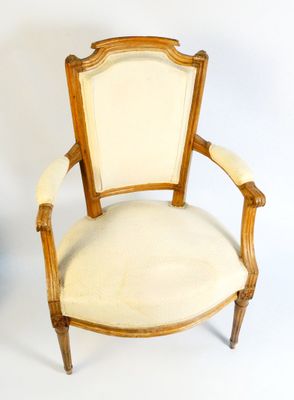 paire de fauteuils en bois sculpté de style Louis XVI, avec accoudoirs rembourrés