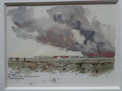 a picture of a painting of a train coming down the tracks