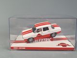 a white and red toy car in a clear display case
