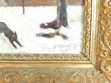 une photo d'un tableau représentant un chien et un chat dans la neige