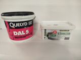 two buckets of glue and a container of glue on the counter