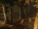 a painting of two men plowing through a forest