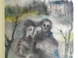 une image représentant un tableau où l'on voit deux personnes devant une maison