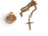 a gold cross and a gold locke on a white background