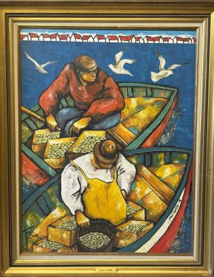 tableau représentant deux hommes dans un bateau, avec des oiseaux qui volent autour d'eux