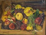une peinture représentant une corbeille de fruits posée sur une table