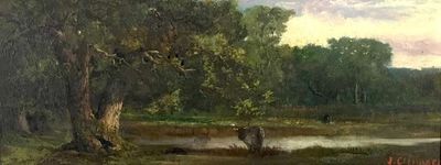 un tableau représentant des vaches paissant dans un champ au bord d'une rivière