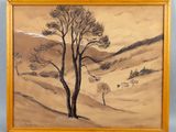 tableau représentant un arbre solitaire dans un paysage enneigé, avec une montagne en arrière-plan