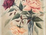 a painting of roses in a glass vase on a table