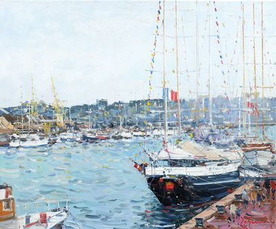 a painting of a harbor filled with lots of boats