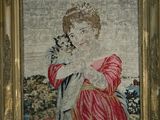 tableau représentant une femme tenant un chat, dans un cadre doré