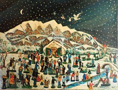André Antonini (XX°) Crèche de santons, HST, SBD, 65x92 cm.
