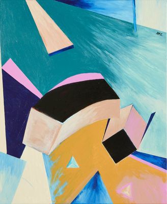 une peinture abstraite représentant un homme portant un chapeau et des lunettes