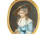 portrait d'une dame vêtue d'une robe bleue et coiffée d'un grand chapeau