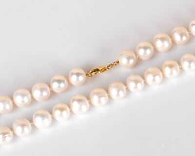 Gros plan sur un collier de perles blanches avec un fermoir en or