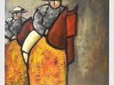 abstract painting of three men riding horses in a yellow dress