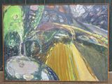un tableau représentant un paysage avec un arbre au centre