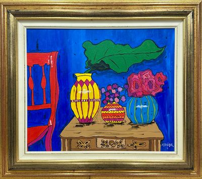 a painting of vases and flowers on a table in front of a chair